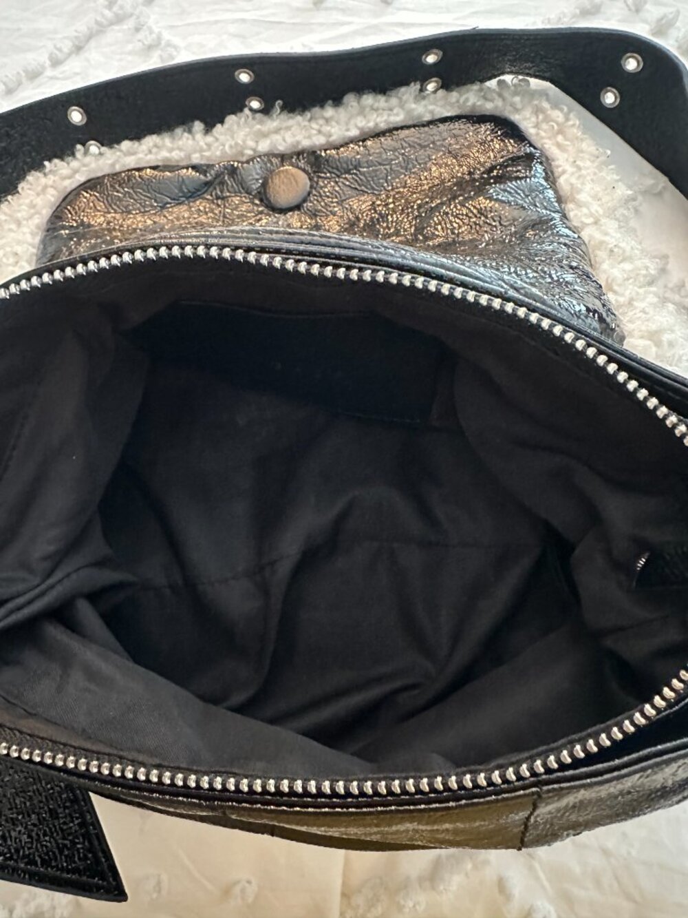 Topshop Y2K Black Faux Leather Sherpa Trim Baguette Shoulder Bag - Picture 8 of 11
